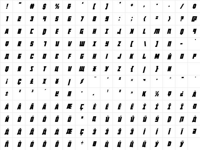October Guard Condensed Italic Condensed Italic Character Map