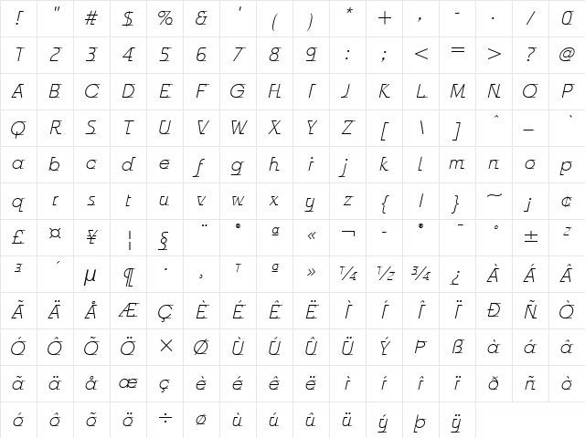 Odyssee ITC Light Italic Character Map
