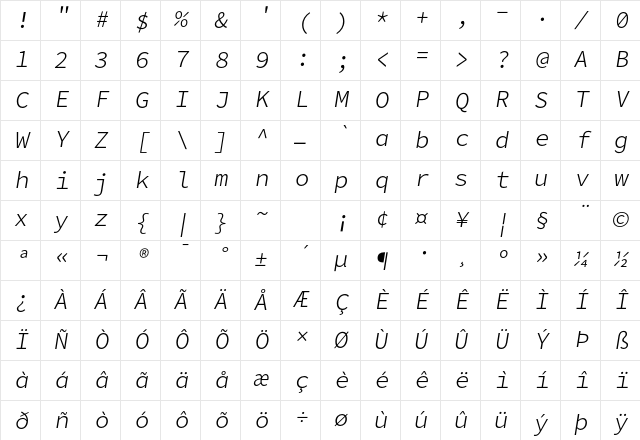 Office Code Pro Light Italic Character Map
