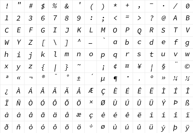 Office Code Pro Regular Italic Character Map