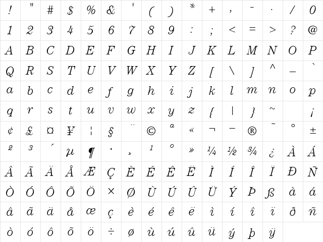 OldStyleLight Italic Character Map OldStyleLight Italic Character Map