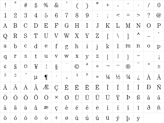 OldStyleLight Regular Character Map