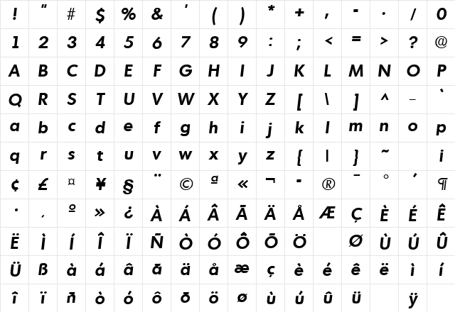 Montreal SF Bold Italic Character Map