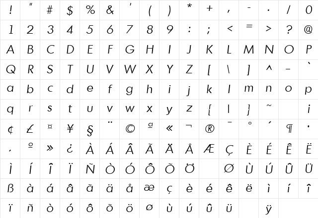 MontrealLH Italic Character Map