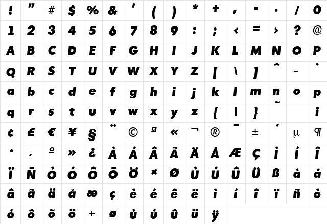 MontrealSerial-Heavy Italic Character Map