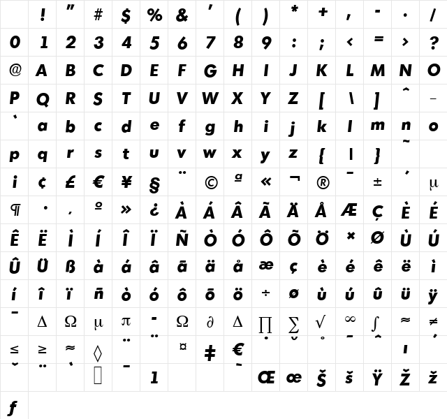 MontrealSerial-Xbold Italic Character Map