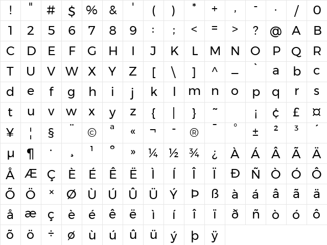 Montserrat Regular Character Map