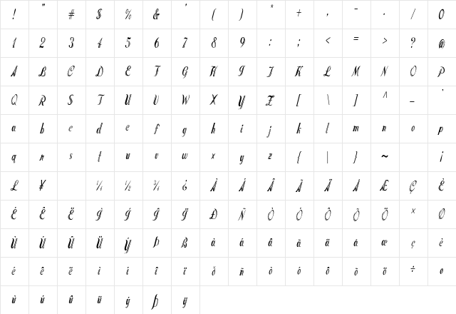 Opal Condensed Italic Character Map