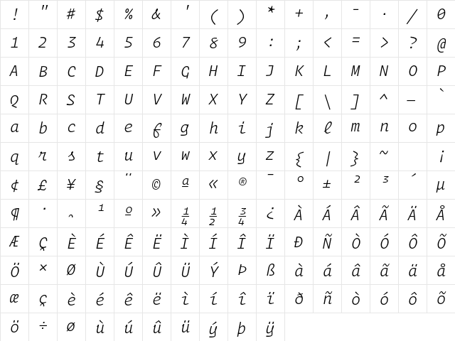 Operator Mono Light Italic Character Map