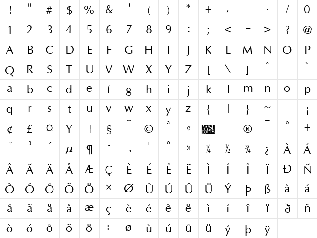Optane Regular Character Map