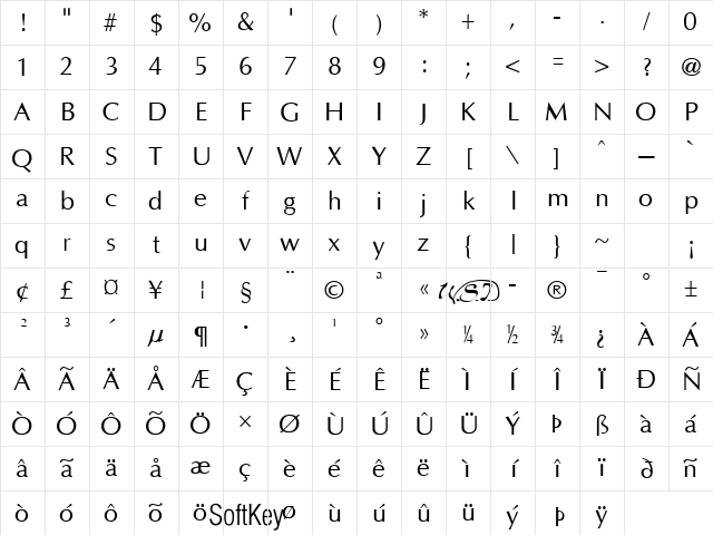 Optane Regular Character Map
