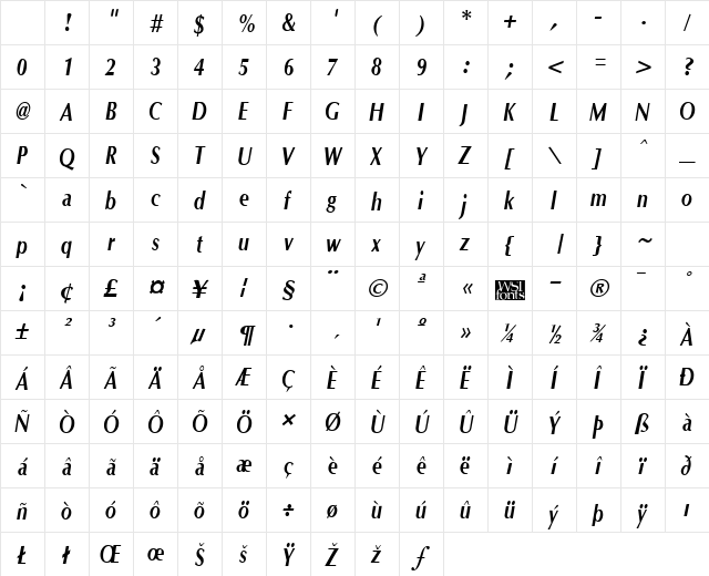 OptaneCompact Bold Italic Character Map