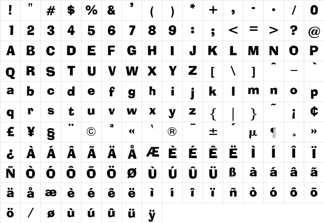 OPTIAdset Regular Character Map