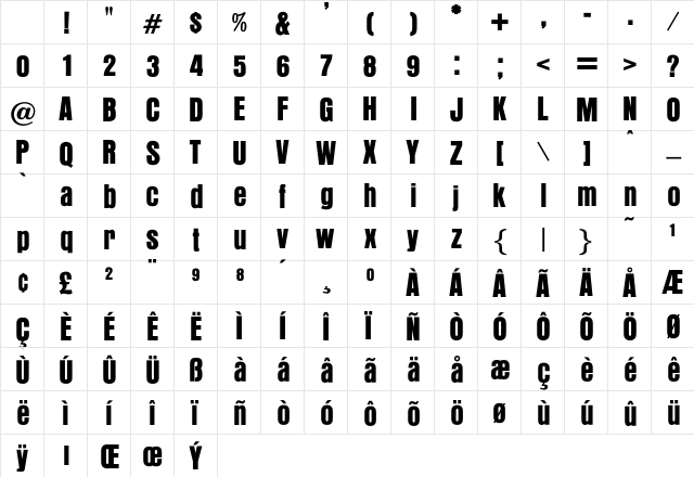 OPTIAurora BoldCondensed Character Map OPTIAurora BoldCondensed Character Map