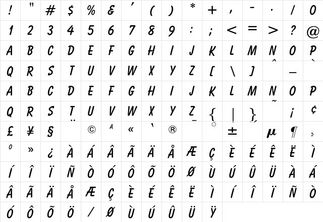 OPTIBalloon Bold Character Map