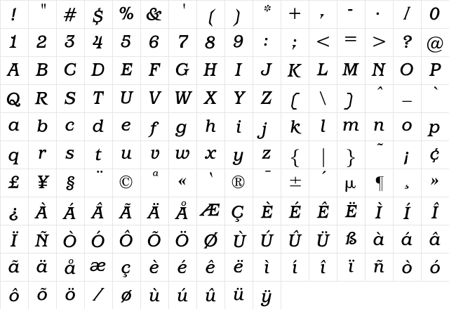 OPTIBarMay-MediumItalic Regular Character Map