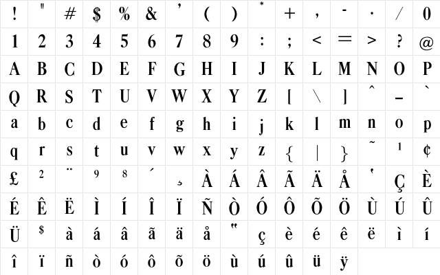 OPTICaslonBold-Cond Regular Character Map OPTICaslonBold-Cond Regular Character Map