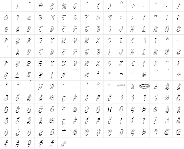 Moon Dart 3D Italic Italic Character Map