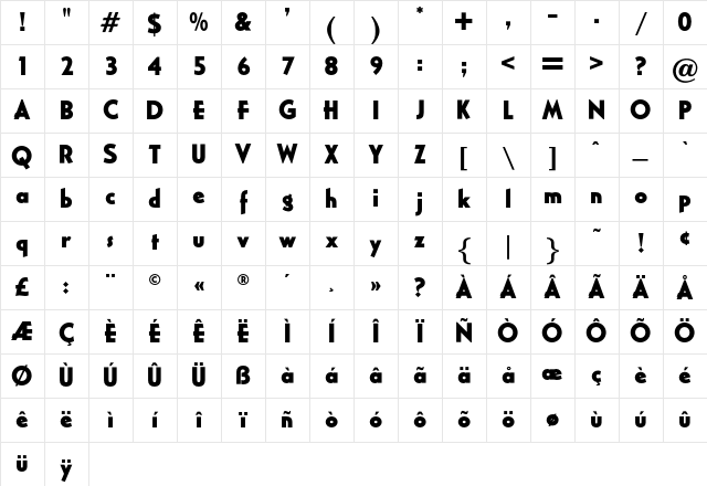 OPTICivet Bold Character Map