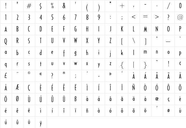 OPTICivet LiteCondensed Character Map