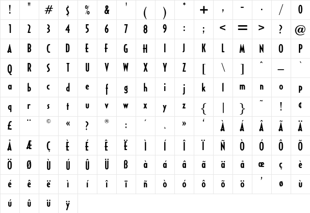OPTICivet MediumCond Character Map