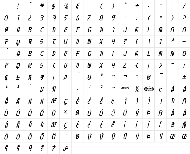 Moon Dart Bold Italic Character Map
