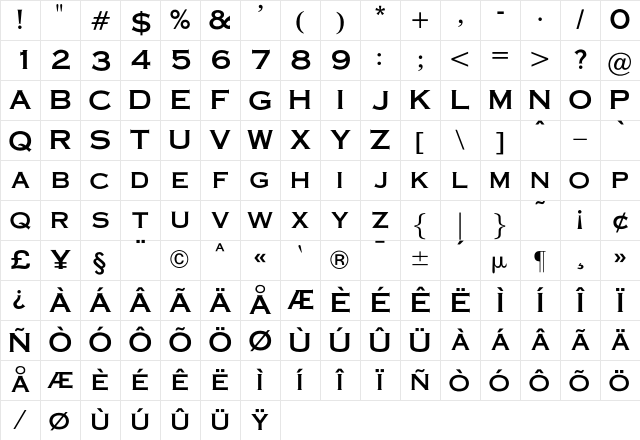 OPTICopperplate Regular Character Map