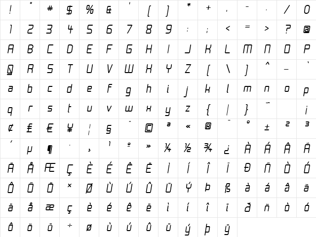 Moondog Thirty Italic Character Map