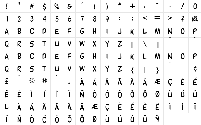 OPTIKartoon Bold Character Map OPTIKartoon Bold Character Map