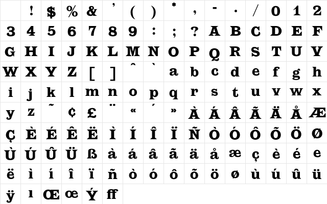 OPTILatin Bold Character Map OPTILatin Bold Character Map