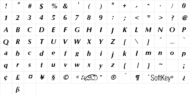 Optim Bold Italic Character Map