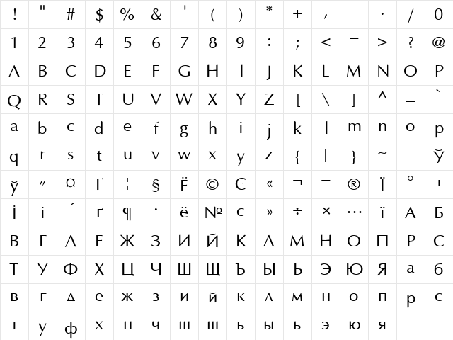Optima Cyr Regular Character Map
