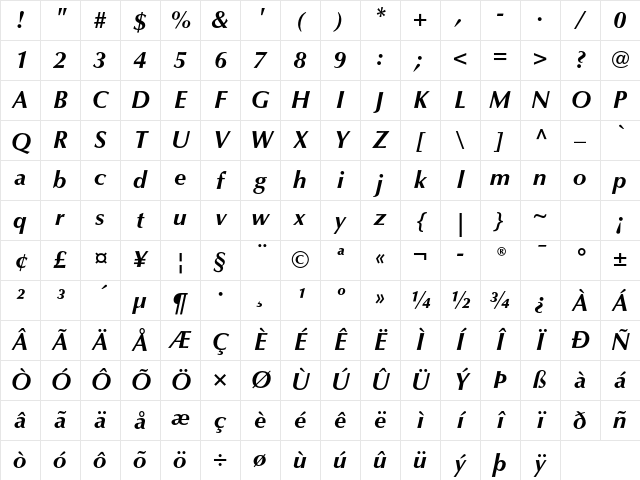 Optima LT Std Bold Italic Character Map