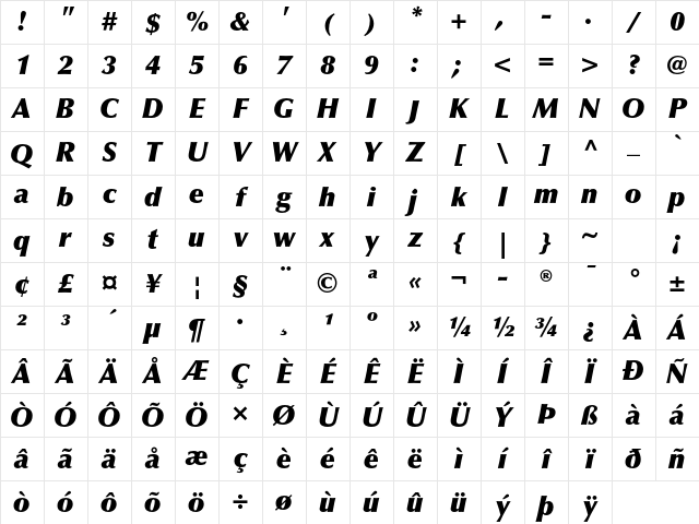 Optima LT Std Extra Black Italic Character Map