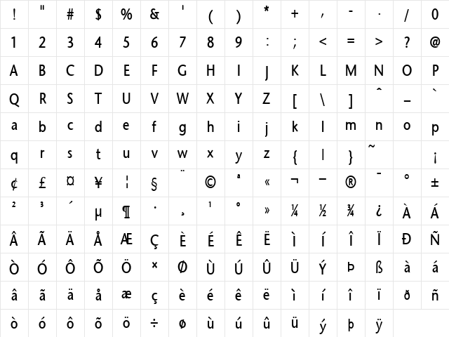 Optimist-Condensed Bold Italic Character Map