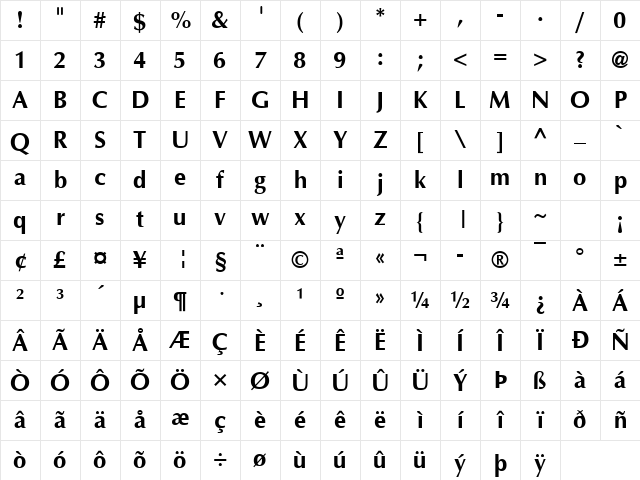 Optimum Bold Character Map Optimum Bold Character Map