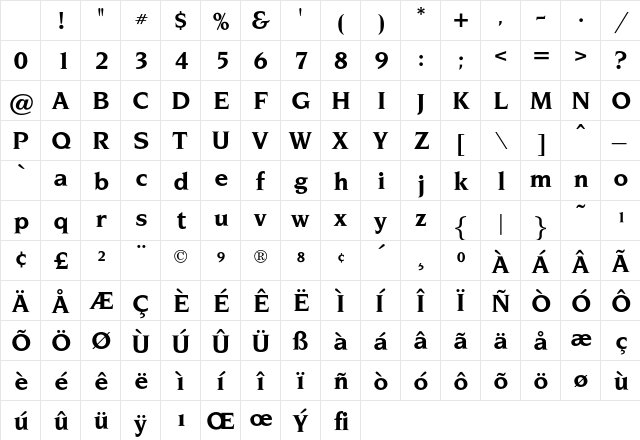 OPTINonoy Bold Character Map OPTINonoy Bold Character Map