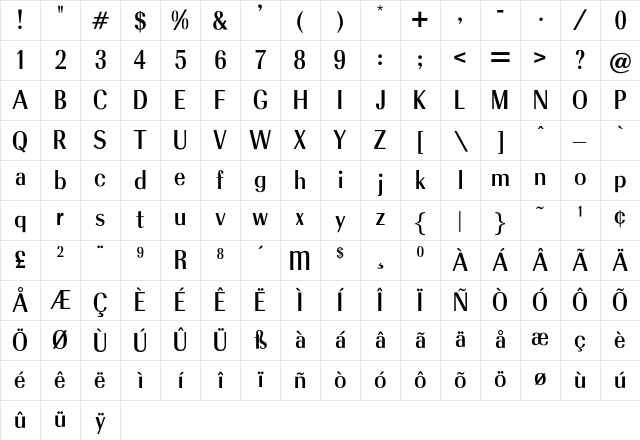 OPTIRadiant Bold Character Map