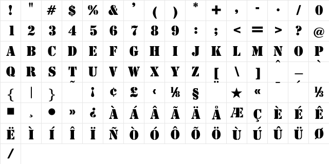 OPTIStencil-Bold Regular Character Map