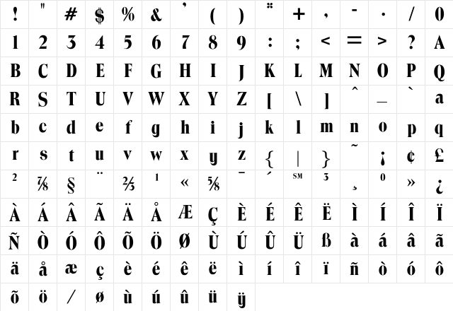 OPTITrimRoman Regular Character Map