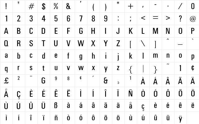 OPTIUniversFiftySeven Regular Character Map