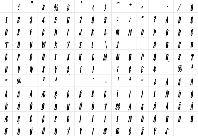 Origin Oblique Character Map