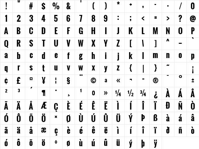 Oswald Bold Character Map