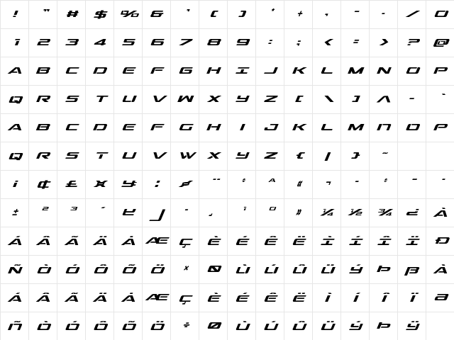 Outrider Condensed Italic Condensed Italic Character Map