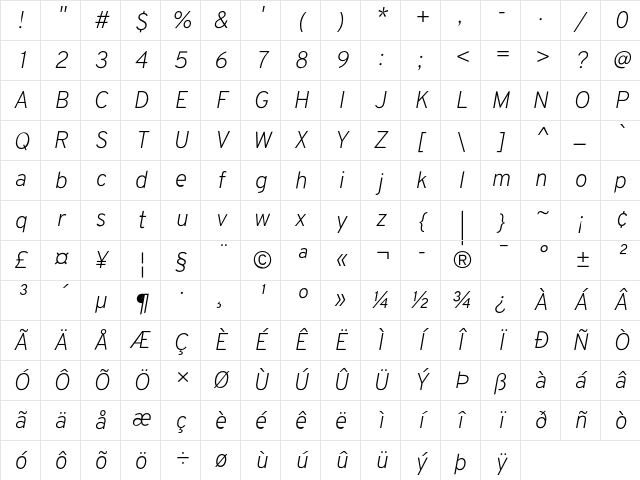 Overpass Nerd Font Italic Character Map