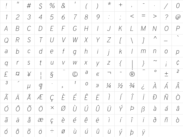 Overpass Nerd Font Italic Character Map