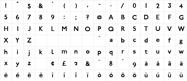Paddington Bold Character Map
