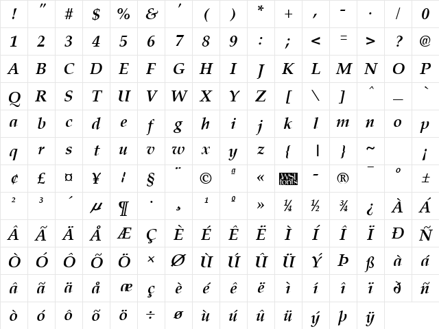 Palisade Bold Italic Character Map