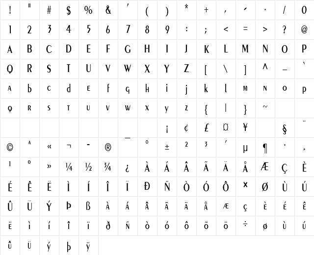 Pare-Condensed Normal Character Map Pare-Condensed Normal Character Map
