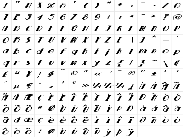 Parisian Nights Extra-expanded Italic Character Map Parisian Nights Extra-expanded Italic Character Map